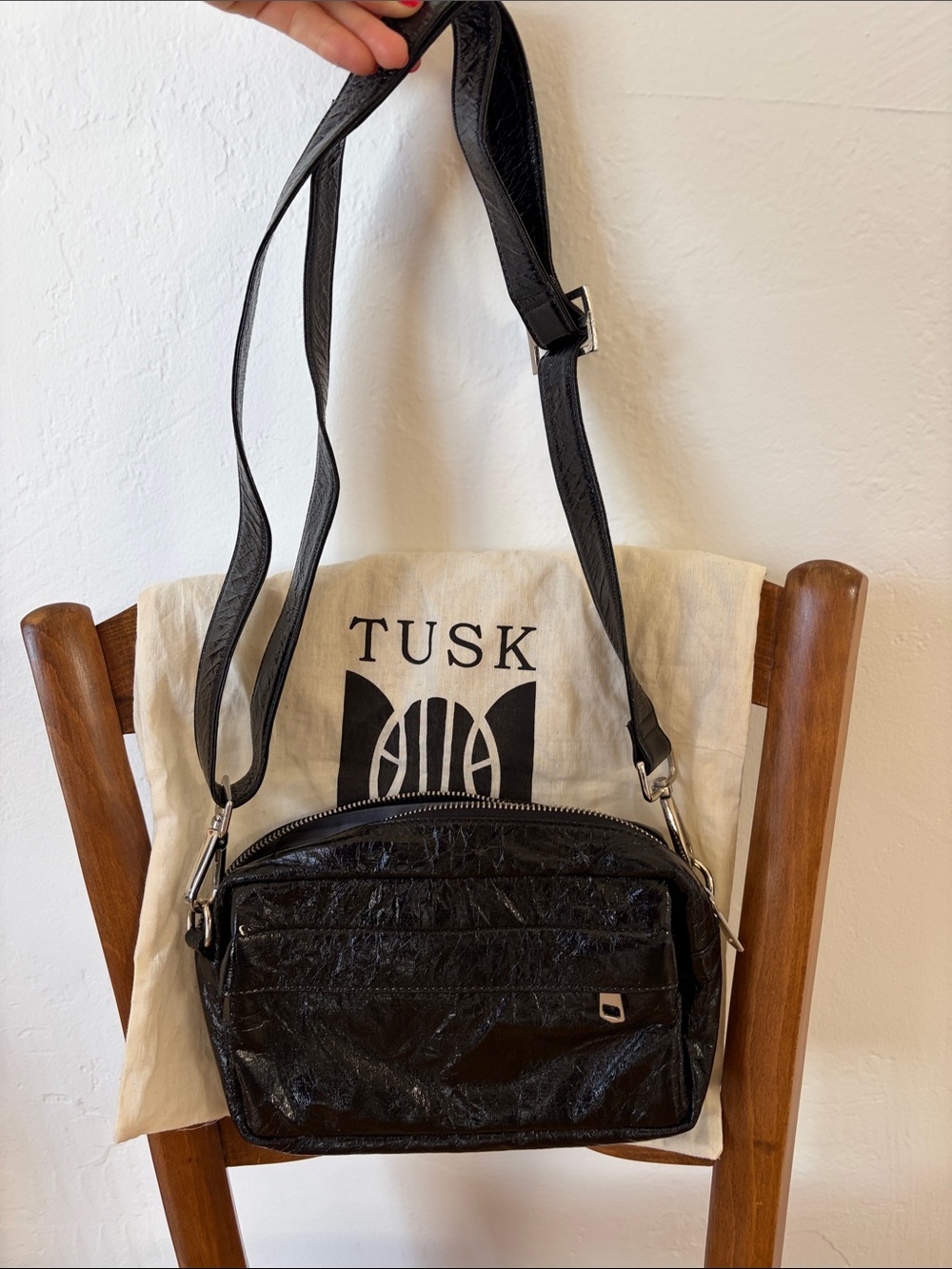 Tusk Black Patent Leather Camera Crossbody Bag